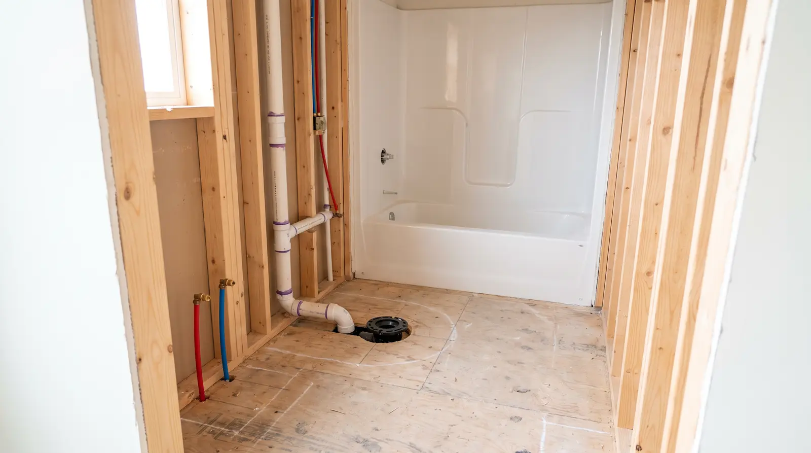 Illustration: a bathroom at rough-in with white PVC drains and red and blue PEX